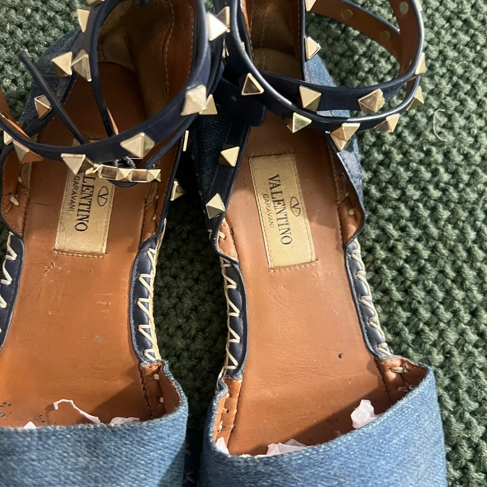 Valentino Garavani Blue Denim Rockstud Ankle Wrap Espadrilles